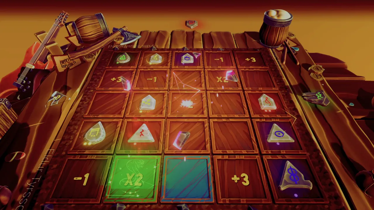 A crowded five by five rune board mid-match, cells lit in band colours