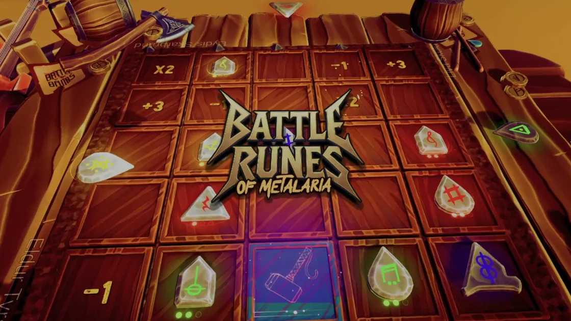 The Battle Runes table: a rune board set among tankards, barrels and a guitar